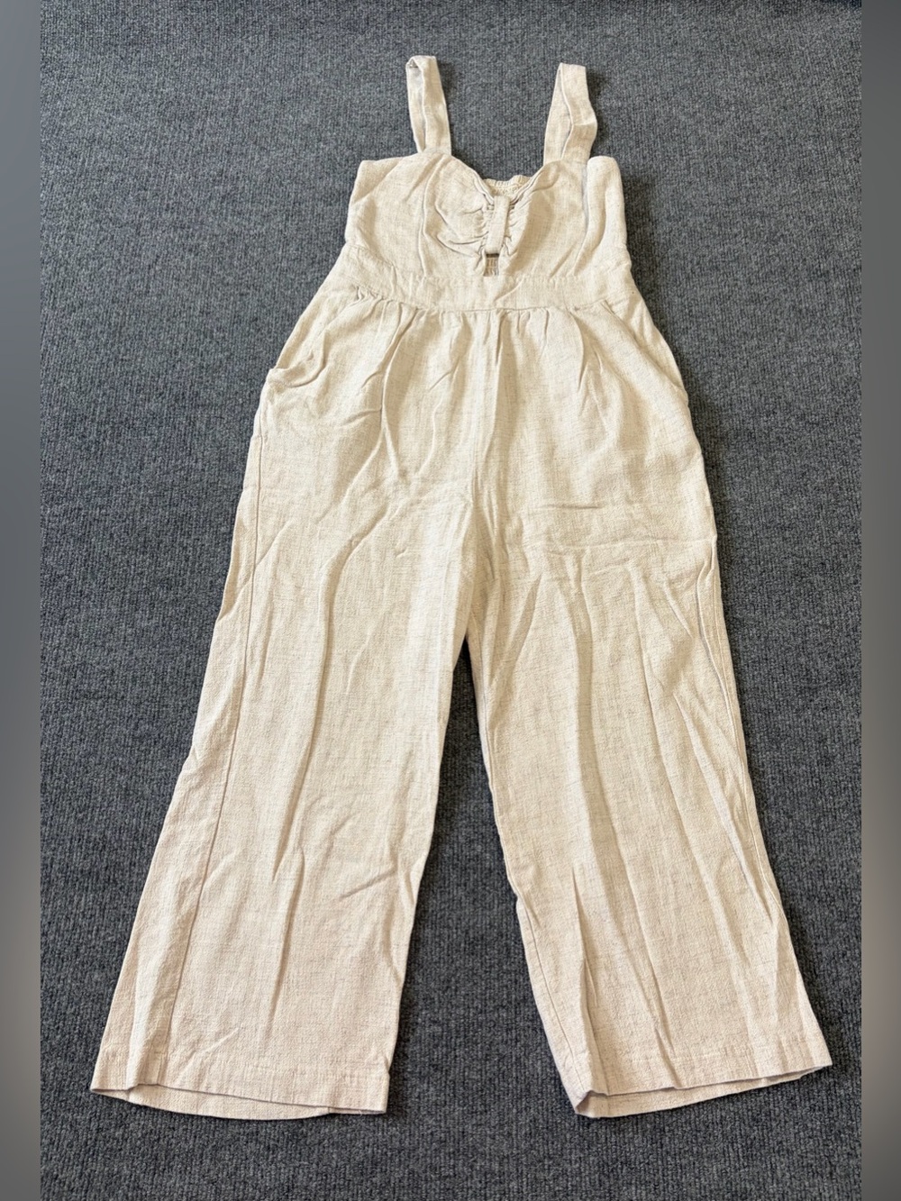 Women's XS Linen Blend Wide Leg Cropped Jumpsuit Beige Cream Boho Summer